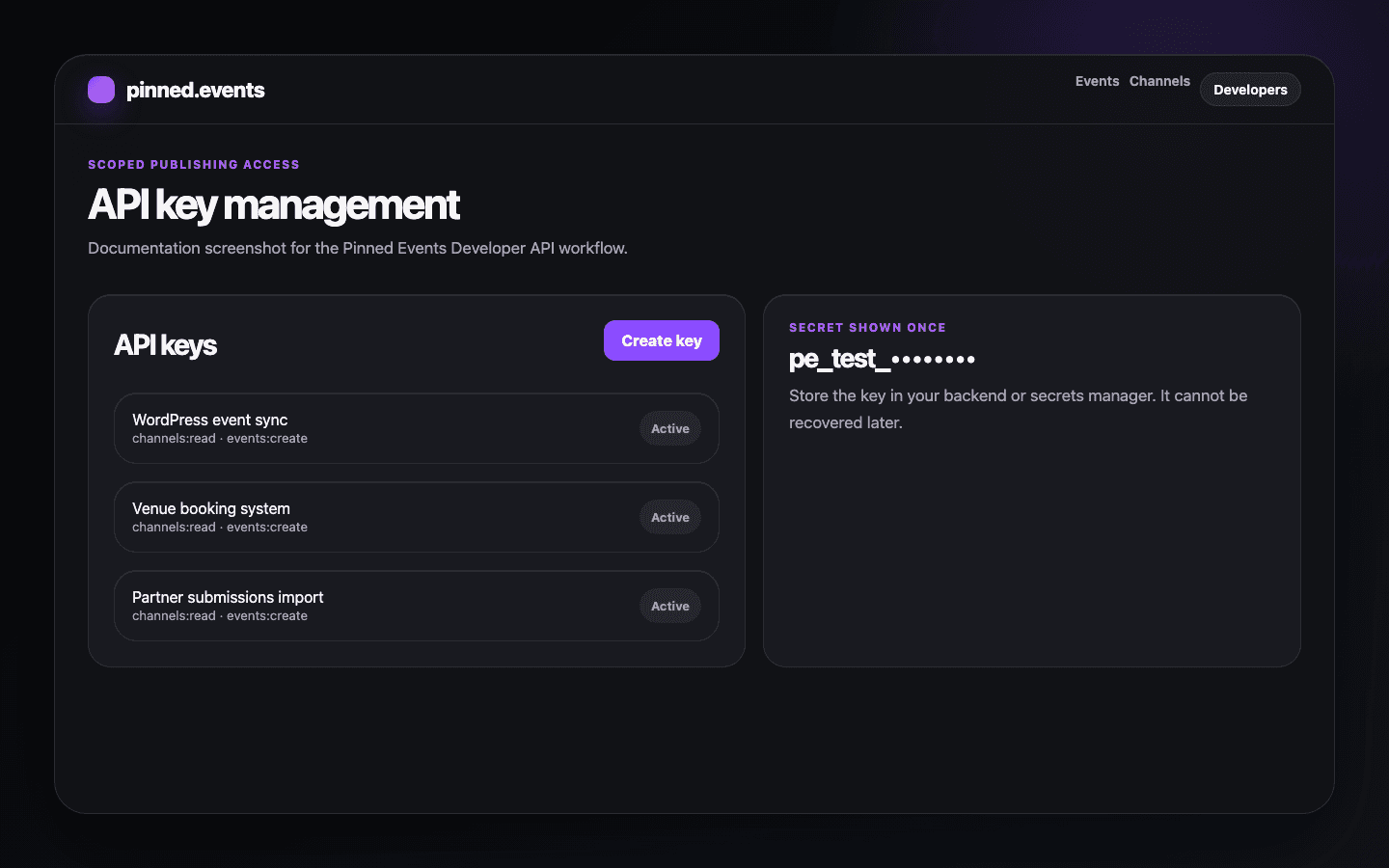Developer portal API keys page showing key creation and management.