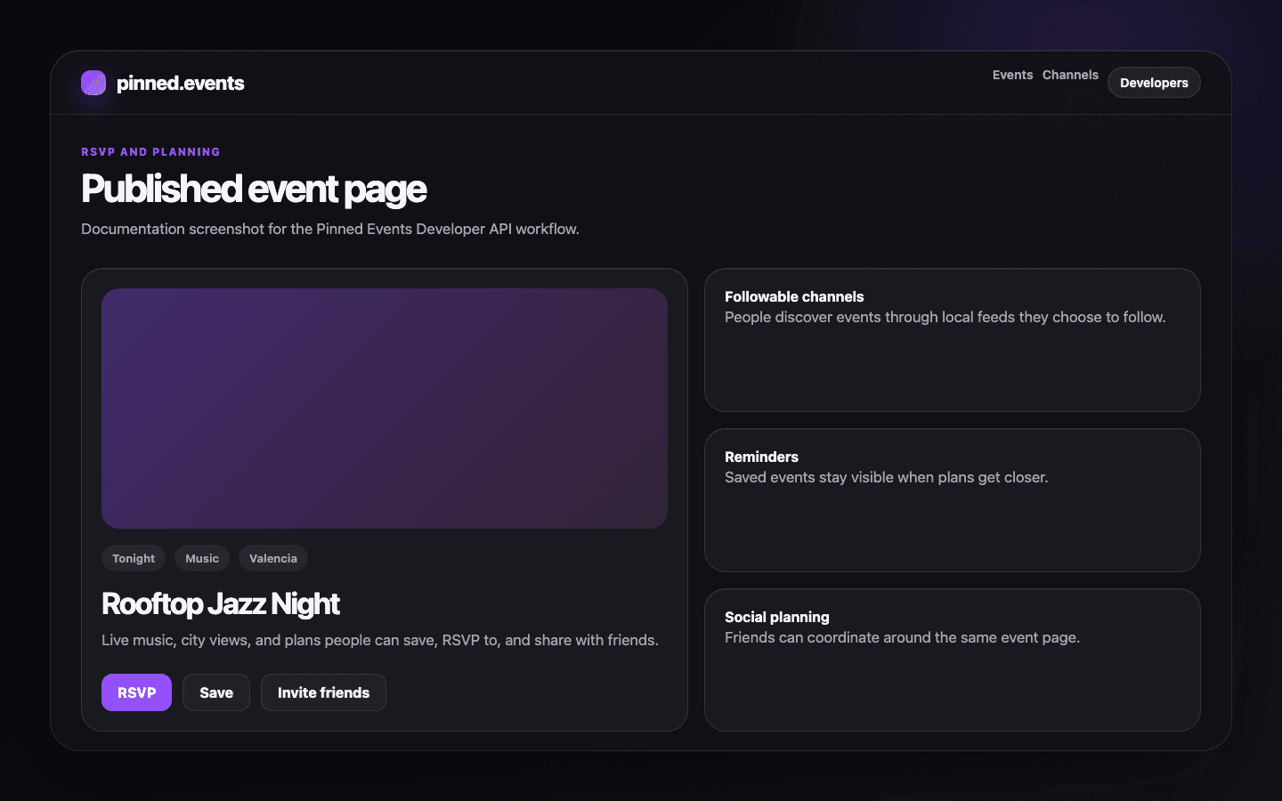 Published Pinned Events event page with RSVP, reminders, social planning, and ticket link actions.