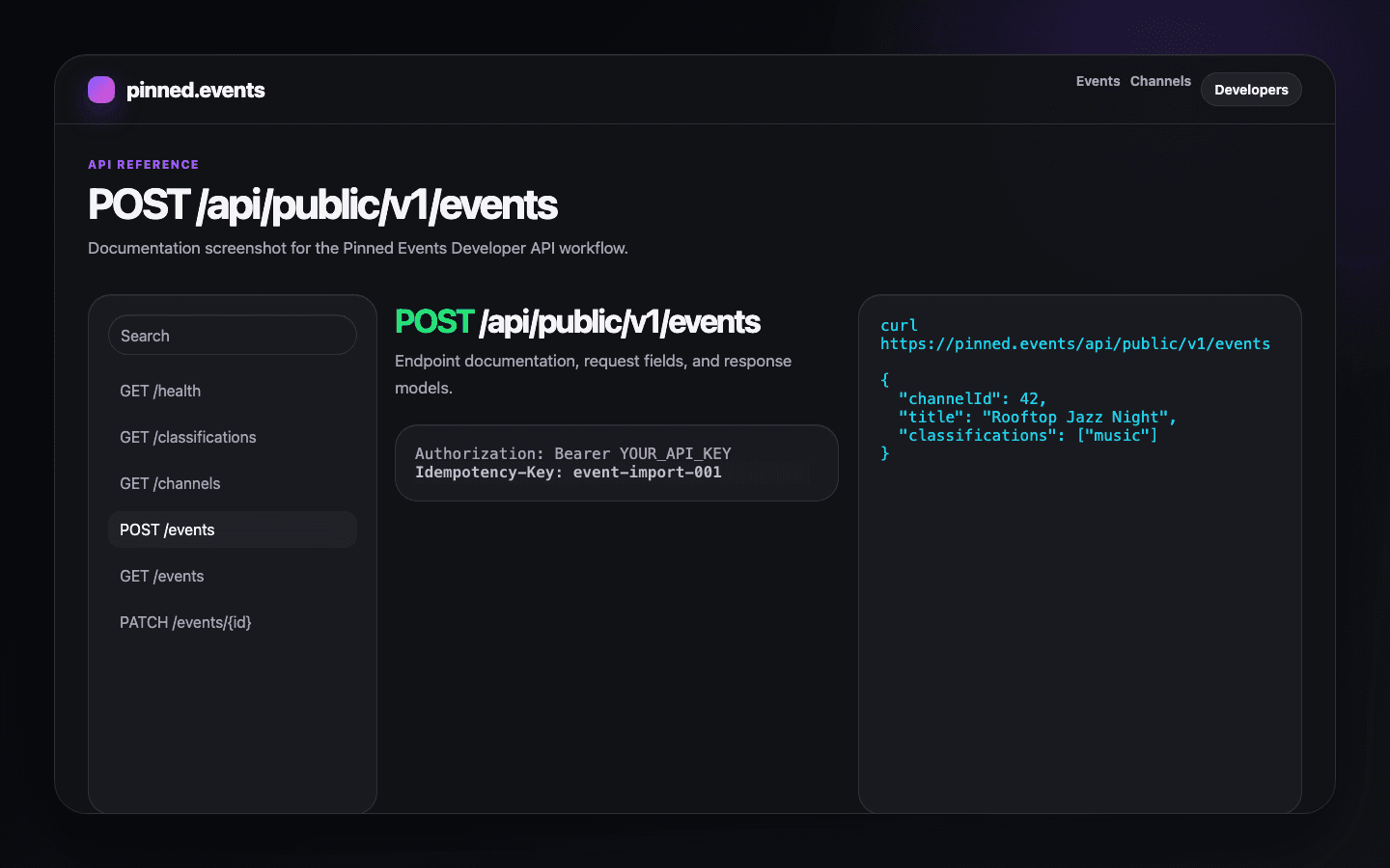 Create event endpoint in the interactive API reference.