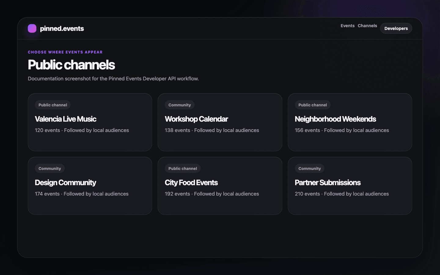 Pinned Events channels page showing public channels.