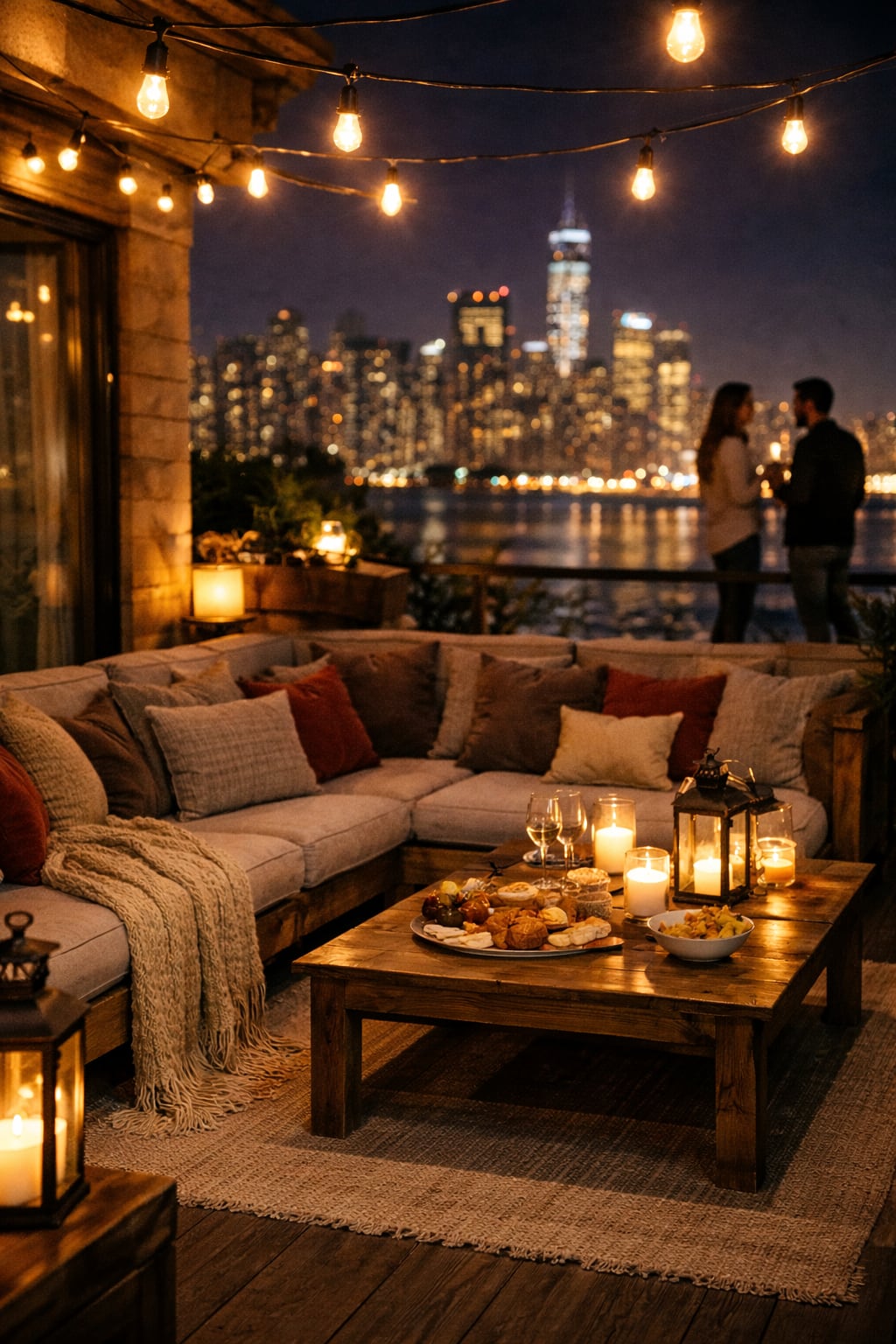 People enjoying a rooftop party at night